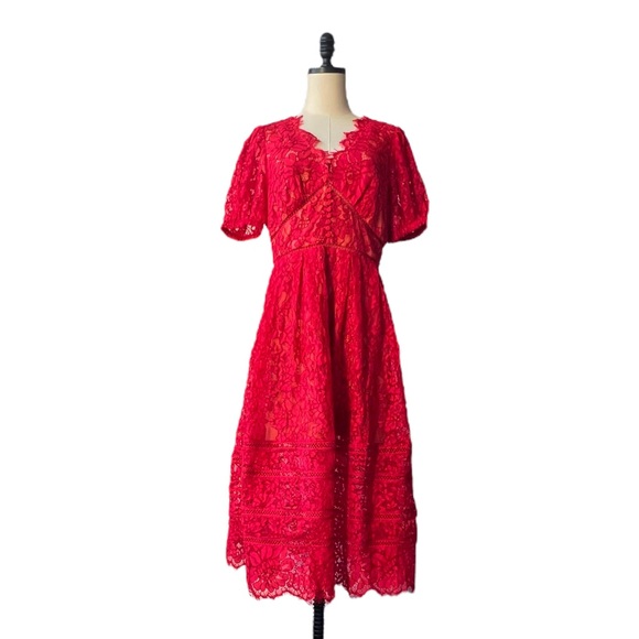 Self Portrait Fine Cord Lace Midi Dress in Red | 8 NWT - Picture 2 of 9